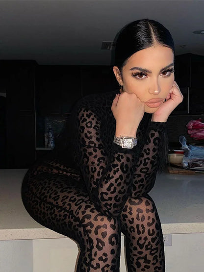Animal Instinct Mesh Bodystocking Leopard See Through Velour Long Sleeve Rompers Womens Jumpsuit Sexy Midnight Clubwear