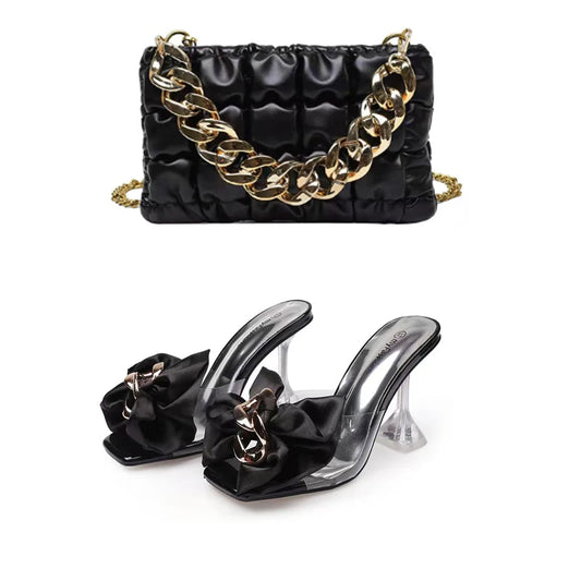 2026 New Style Designer Luxury Ladies Slippers Shoes Bag Set High Quality Women Pumps Chain Sandals Shoes Purse Set Black Heels