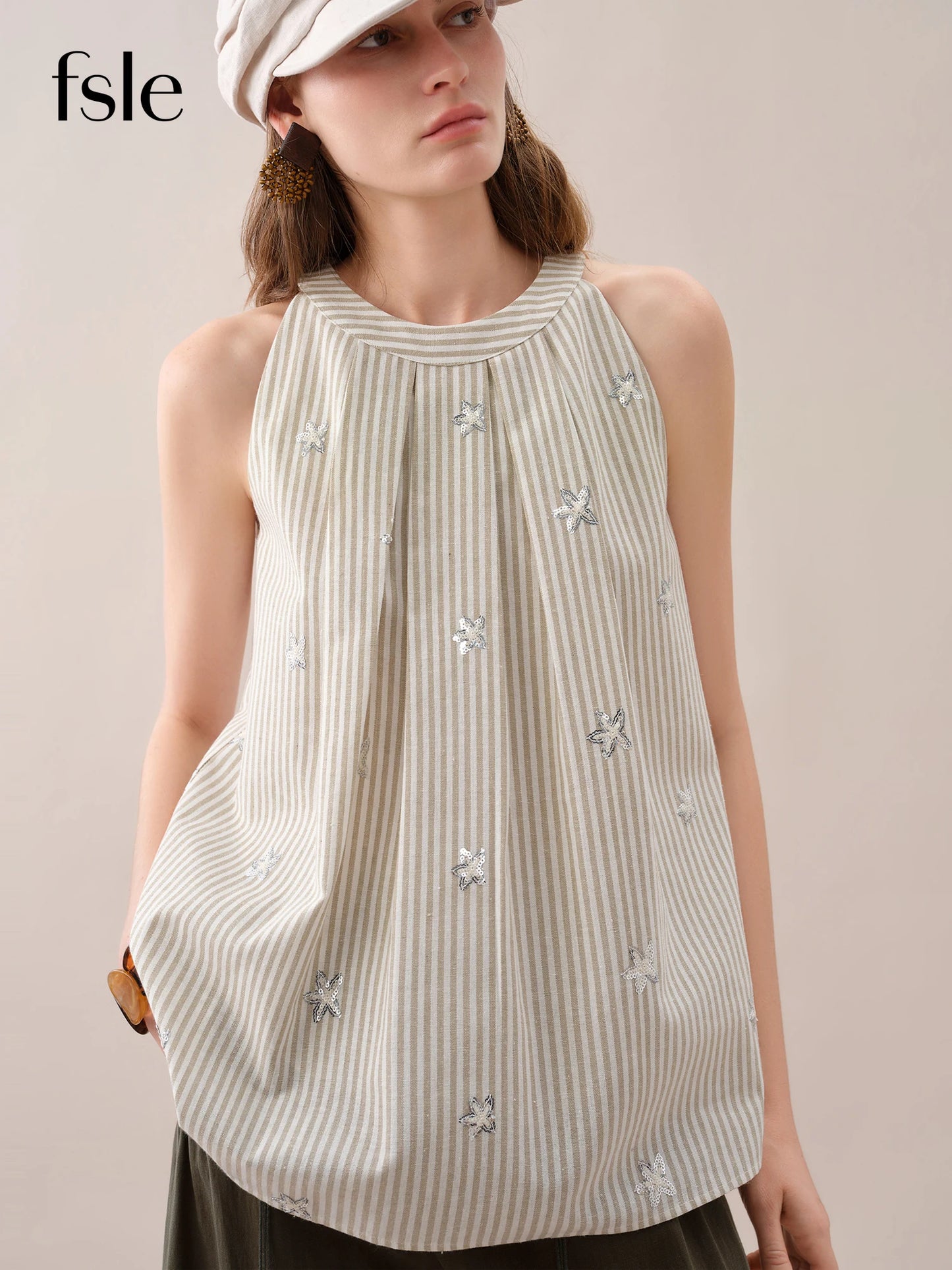 FSLE【Premium Series】2026 Summer Women's Striped Embroidered Sleeveless Blouse - Vacation Elegance Collection for Resort