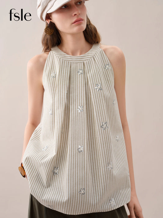 FSLE【Premium Series】2026 Summer Women's Striped Embroidered Sleeveless Blouse - Vacation Elegance Collection for Resort