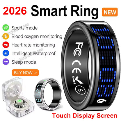 2026 Smart Ring with Touch Display Screen, Wireless Charging, Health Manager, 5 ATM Waterproof For Men Women Smart Rings R12 R08