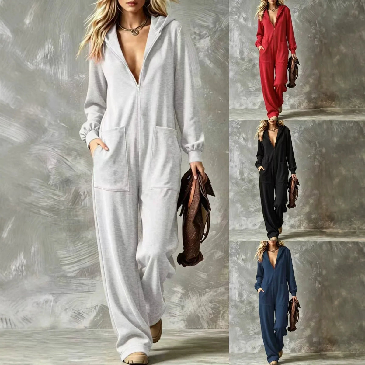 2026 Autumn New Fashion Hooded Zipper Women's Jumpsuit Casual Loose Jumpsuit Straight Pants Pocket Rompers Lazy Female Home Wear