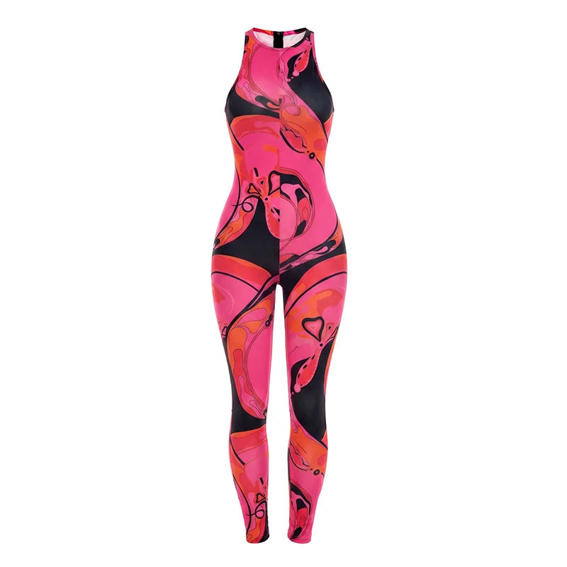 FAGADOER Fashion Rose Red Print Bodycon Jumpsuits Sexy Color Patchwork Off Shoulder Zipper Rompers Streetwear Club Playsuits New