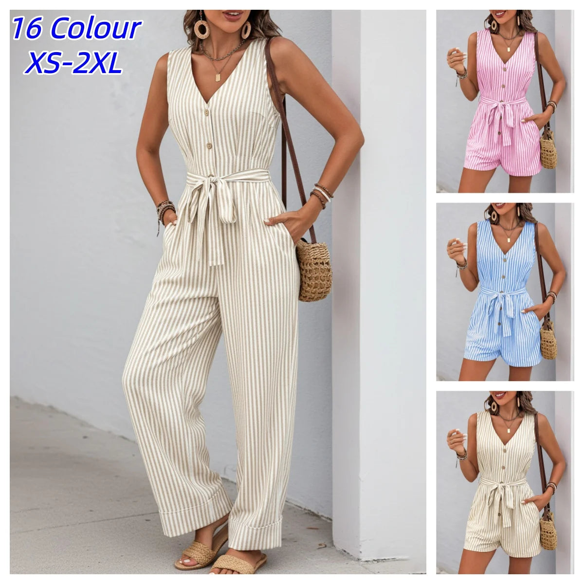 Women Rompers Solid Jumpsuits Striped Lace-Up Button V Neck Sleeveless Waist Mini Length Pants Shorts Casual One-piece Playsuit