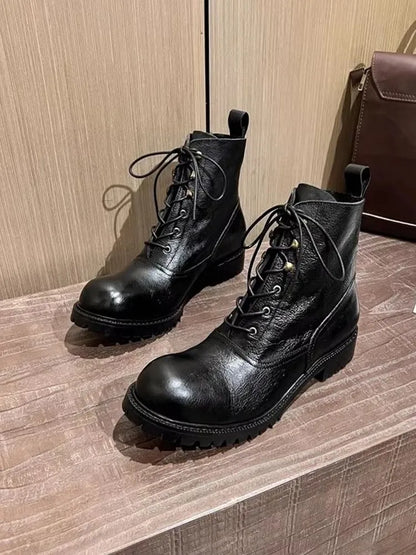Vintage Mens Round Toe Lace Up High Top Work Safety Shoes Cowhide Genuine Leather Ankle Boots British Motorcycle Riding Boots 45
