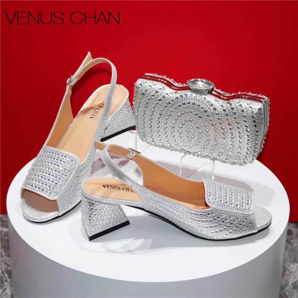 High Heels Shoes for Women Embroidery Rhinestone Italian Design Blue Color Pointed Toe Shoes and Bags Set Fashion