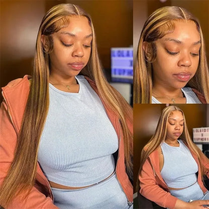 4/27Highlight Straight Lace Front Wig Human Hair 13x6 Lace Frontal Wigs Brazilian Honey Blonde Colored Wigs Remy 100% Human Hair