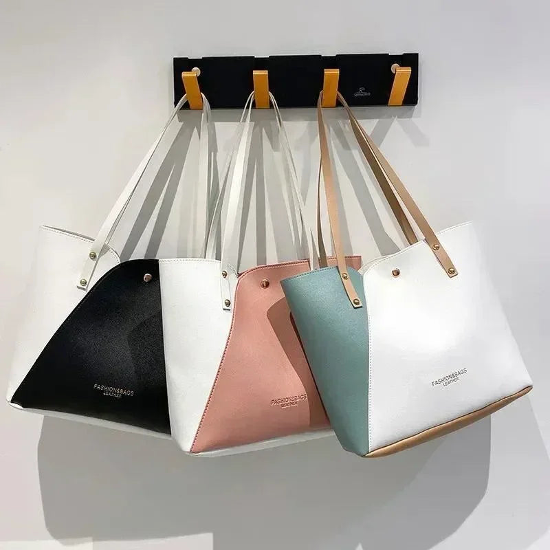 Large Capacity Patchwork Bag Hot Stamped Contrast Color Shoulder Bags Women Pu Leather Ladies Purses and Shopping Bag Casual