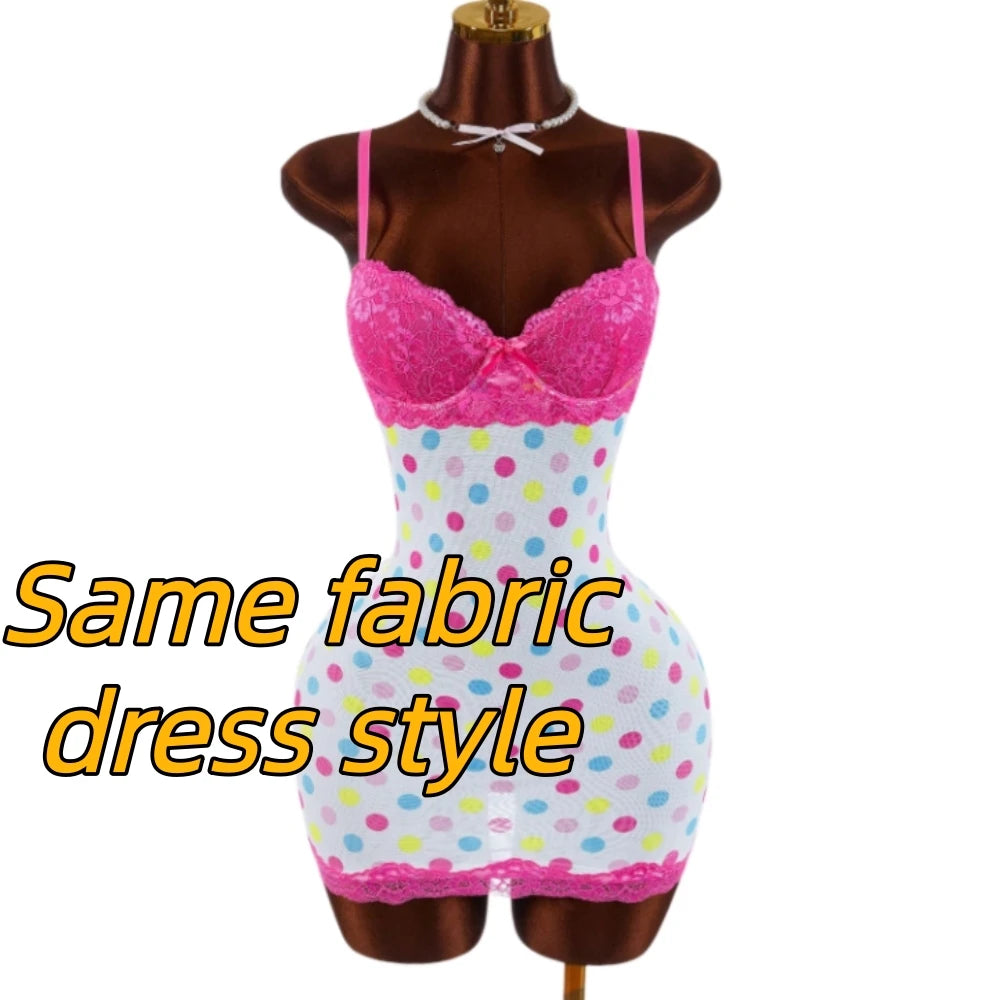 HLJ&GG Sexy Polka Dot Print Lace Splicing Bodycon One Piece Rompers Women Spaghetti Strap Sleeveless Backless Jumpsuits Street