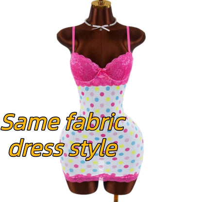 HLJ&GG Sexy Polka Dot Print Lace Splicing Bodycon One Piece Rompers Women Spaghetti Strap Sleeveless Backless Jumpsuits Street