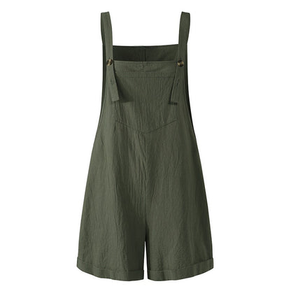 New Women Cotton and Hemp Loose Button Casual Backband Pants  Square Neck Sleeveless Shorts jumpsuit White/Black/Military Green