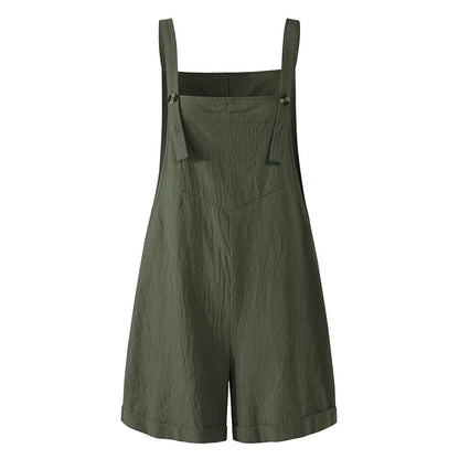 New Women Cotton and Hemp Loose Button Casual Backband Pants  Square Neck Sleeveless Shorts jumpsuit White/Black/Military Green