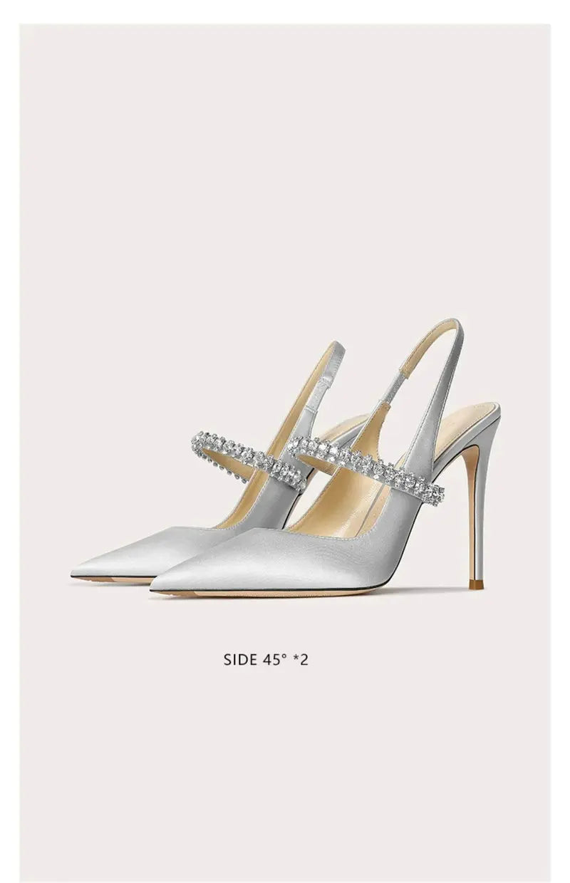 Luxury Rhinestone Pointed Toe Women Pumps Elegant Crystal Wedding Bridal Shoes Satin Silk Design Mules High Heels