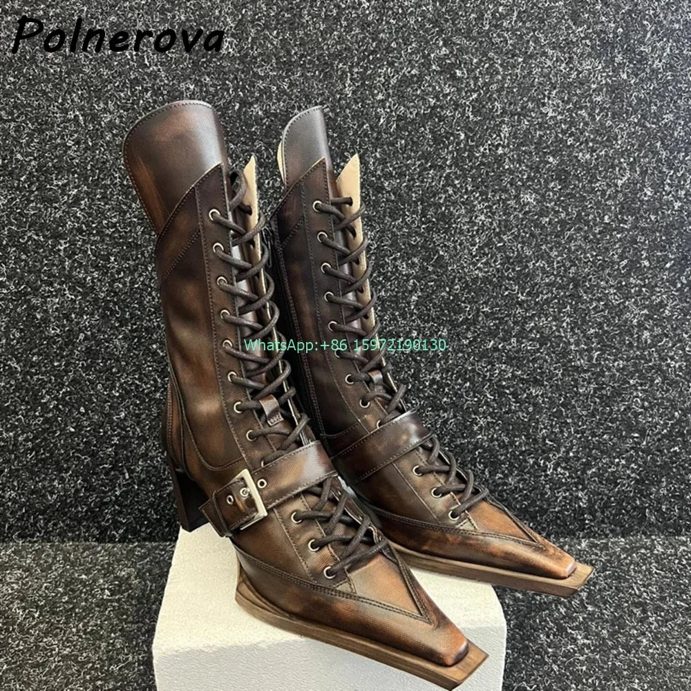 Buckle Belt Cross Tied Boots Solid Square Toe Strange Style Heels Zipper Black Ankle Boots Women's Genuine Leather Modern Boots