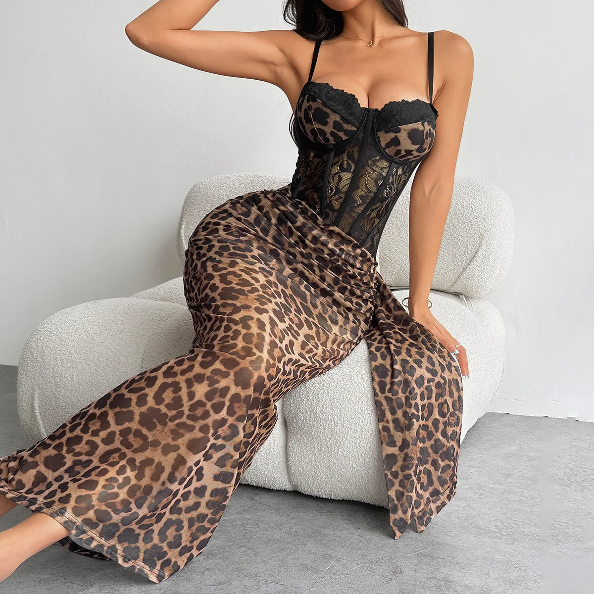 CHNMR Vintage Leopard Print Patchwork Lace Women Long Dress Sexy Off Shoulder Sleeveless Backless Bodycon Maxi Dresses for 2026