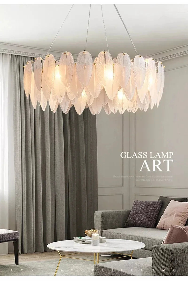 Luxury Villa Led Chandelier Feather Glass Gold Metal for Living Dining Table Room Bedroom Pendant Lights Home Decor Lustre Lamp