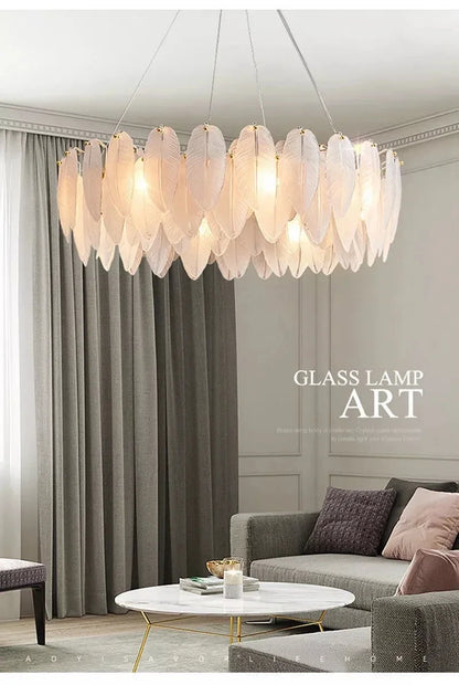 Luxury Villa Led Chandelier Feather Glass Gold Metal for Living Dining Table Room Bedroom Pendant Lights Home Decor Lustre Lamp