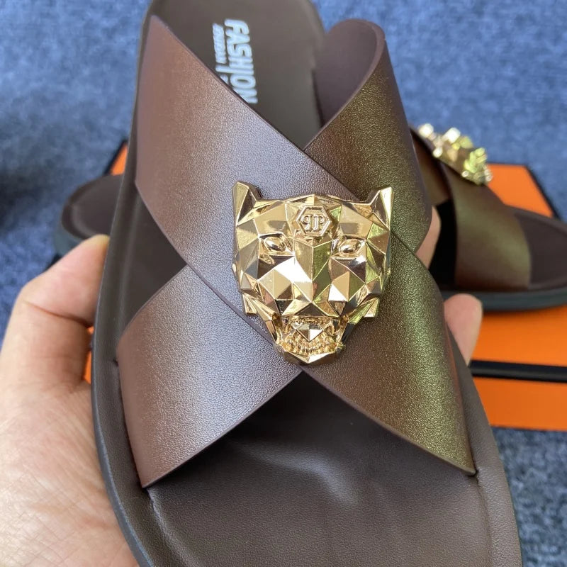 size38-48 original shoes brand summer leather slides for man black brown fashion shoes for mens slippers business beach slippers