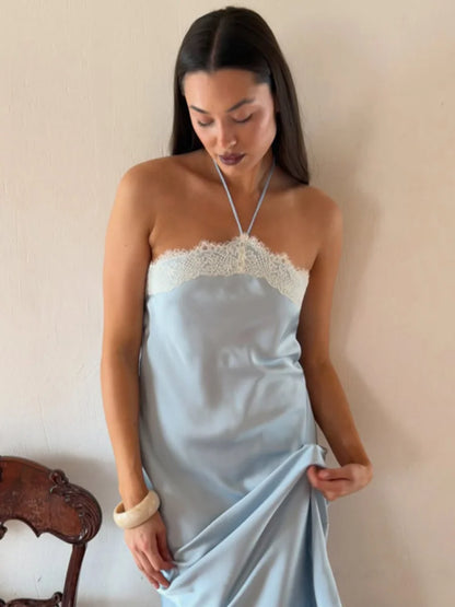 Sexy Blue Satin Lace Slip Mini Dress Women Spaghetti Strap V Neck Hollow Out Bodycon Dresses Lady Summer Beach Short Gown 2026