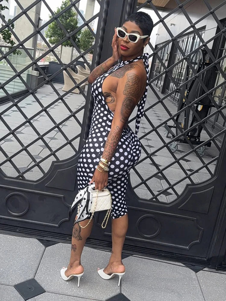 Kliou Colorful Print Playsuits Woman Bandage Halter Backless Skinny Peach Hip Female Midnight Club Party Sexy Fashion Rompers