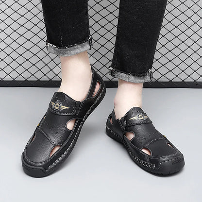 Mens Walking Shoes Summer Breathable Leather Hand Sewn Minimalist Baotou Flat Shoes Soft Elastic Daily Casual Male Sandalia