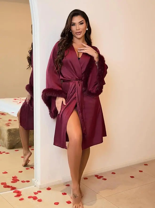 Vestidos De Novia Satin Kimono Women Short Robe Feather Sleeve Bride Wedding Dress Sexy Lingerie Pijama Mujer Bridesmids Gown