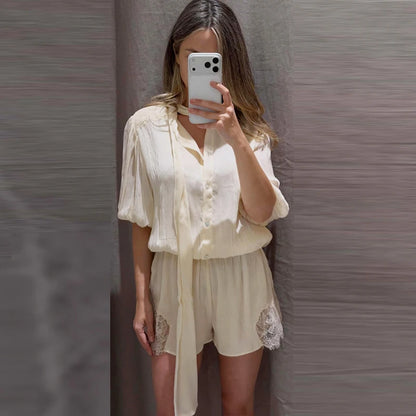 HXAO Ties Bow Lace Bodysuit Cream Short Jumpsuit Women Vacation Summer Playsuit Short Sleeve Mini Rompers Casual Combishort