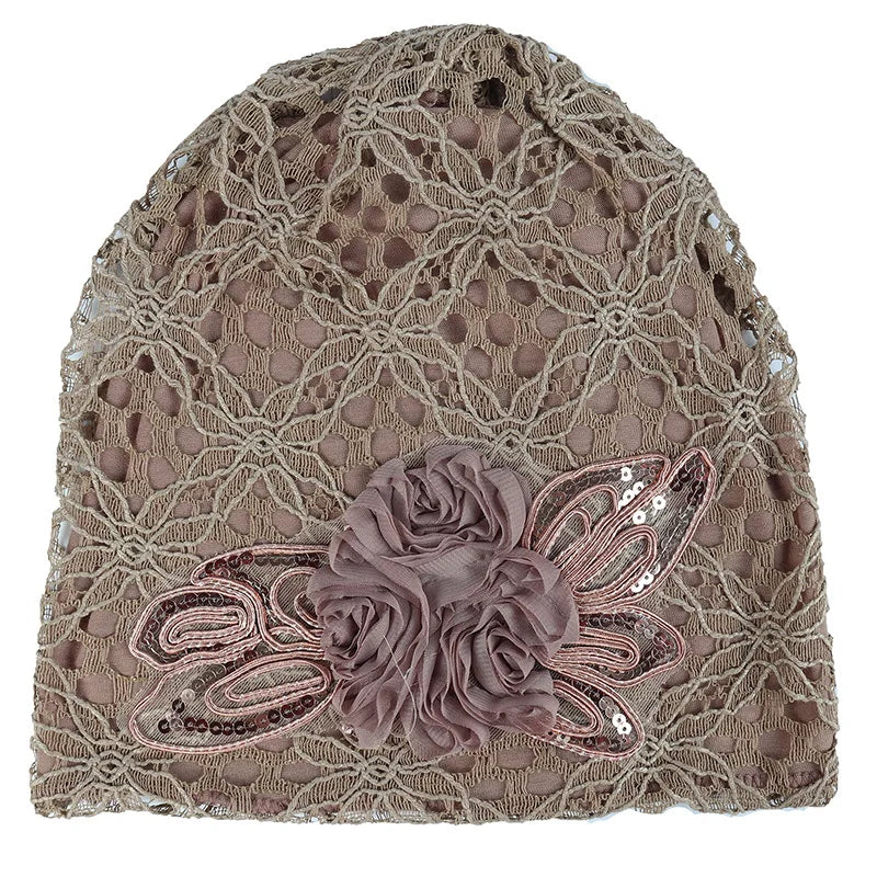 Elegant Women Sequins Lace Turban Cap Flowers Muslim Headwear Hat Female Head Wraps Ladies Headscarf Bonnet Turbante Mejur