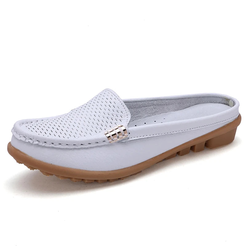 Women Casual Shoes Hollow Out Lady Half Lofers Genuine Leather Flats Moccasins Women Luxury Brand Half Slippers Zapatillas Mujer