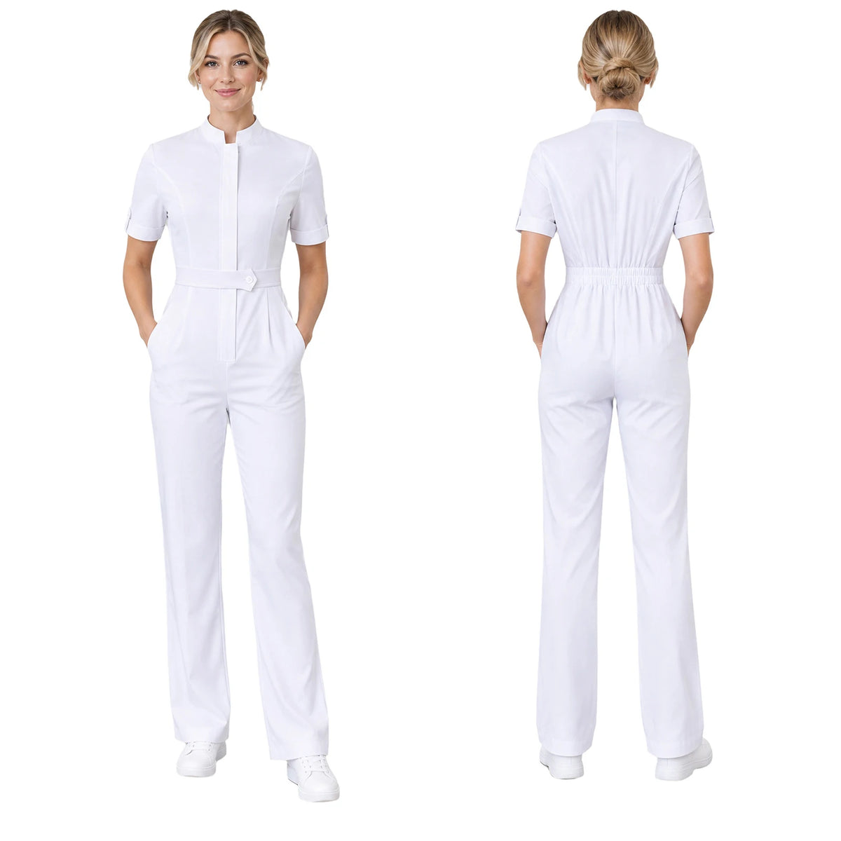 Womens Scrubs Jumpsuit Soft Stretch Medical Scrub Set with Pockets Front Zipper Elastic Waist Jogger Pants Nurse Doctor Workwear