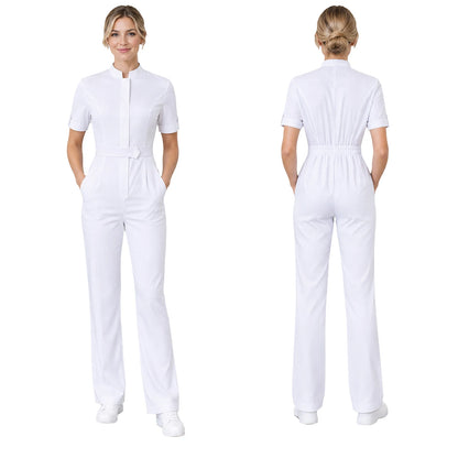 Womens Scrubs Jumpsuit Soft Stretch Medical Scrub Set with Pockets Front Zipper Elastic Waist Jogger Pants Nurse Doctor Workwear
