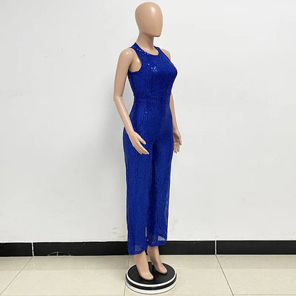 Bling Bling Sequined Club Jumpsuit Sexy Women O-neck Elegant Shiny Sliver Gold Sequins Straight Romper Overalls