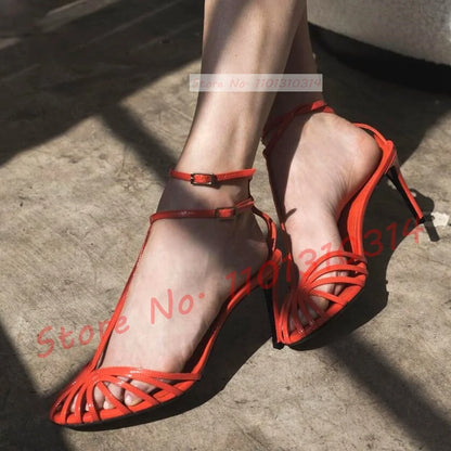 T-strap Cage High Heels Sandals Women Design Feminine Elegant Ankle Strap Shoes 2023 Ladies Luxury Narrow Band Sexy Work Sandals