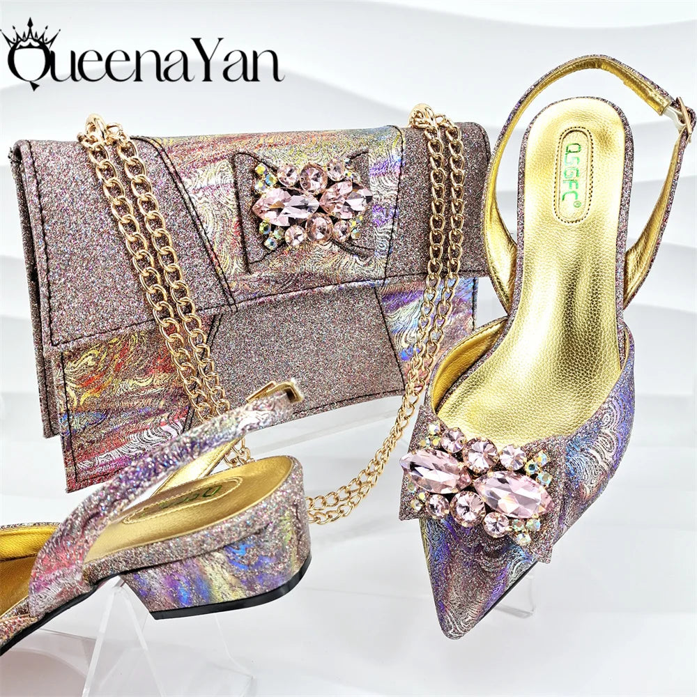 Banquet  Women's Shoes And Bag Light and Comfortable Shoes Rhinestones Embellished with The Same Fine Handbag Low Heel Shoes