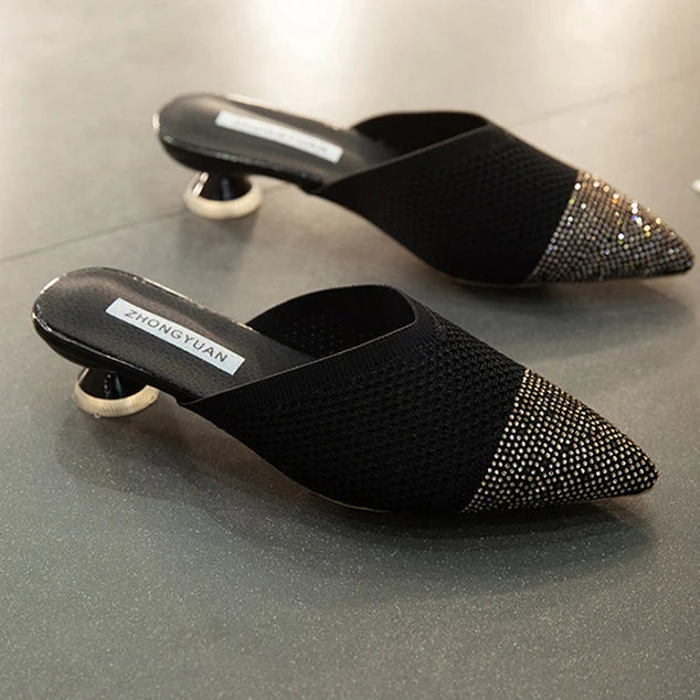 Elegant Medium Heel Women's Mules Shoes Women Designer Rhinestone Luxury Party Slippers Summer New 2025 Sandals Fashion Slipper