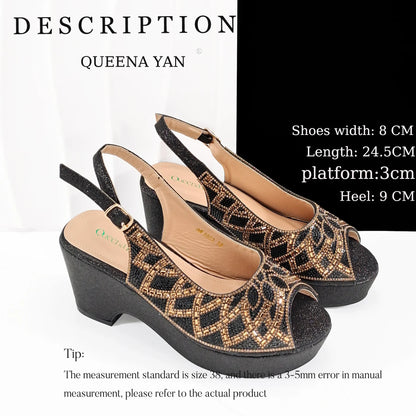 Queena Yan Sky Blue Elegant Nigerian Rhinestone Wedding Shoe and Bag Set Italian Inspired High Heels and Matching Handbag
