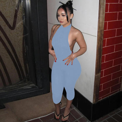 Hugcitar Ribbed Halter Backless Solid Button Sexy Bodycon Skinny Jumpsuit Summer Women Fashion Vacation Romper Streetwear Club