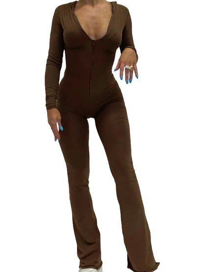 Women's Zip Up Hooded Jumpsuit New Streetwear Flare Rompers Solid Color Skinny Long Sleeve Jumpsuits Luxury Clothes Women Hot