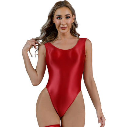 Women's Swimsuit One Piece Swimwear Oil Glossy Stretchy Gym Fitness Long Sleeve Round Neck Tights Leotard Bodysuit Clubwear