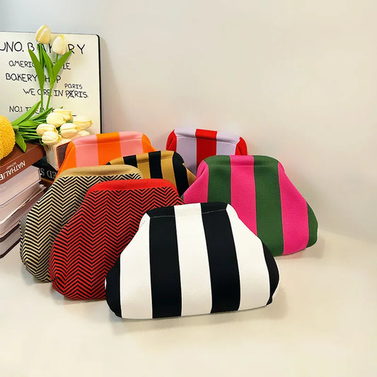 Woven Crochet Handbags for Women Summer Beach Clutch Bag Purses Knitting Dumpling Clutch Ruched Cute Cloud Casual Colorblock Bag