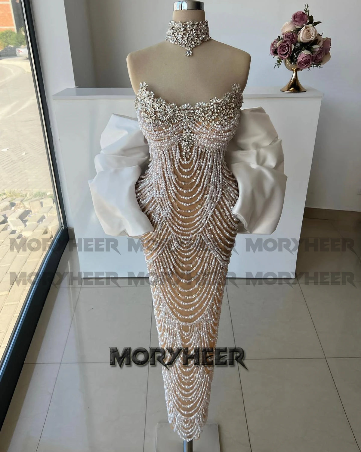 MORYHEER Exquisite Beading Evening Dress Rhinestones Scoop Neck Cape Pageant Party Gown Vestidos De Gala Customized Plus Size