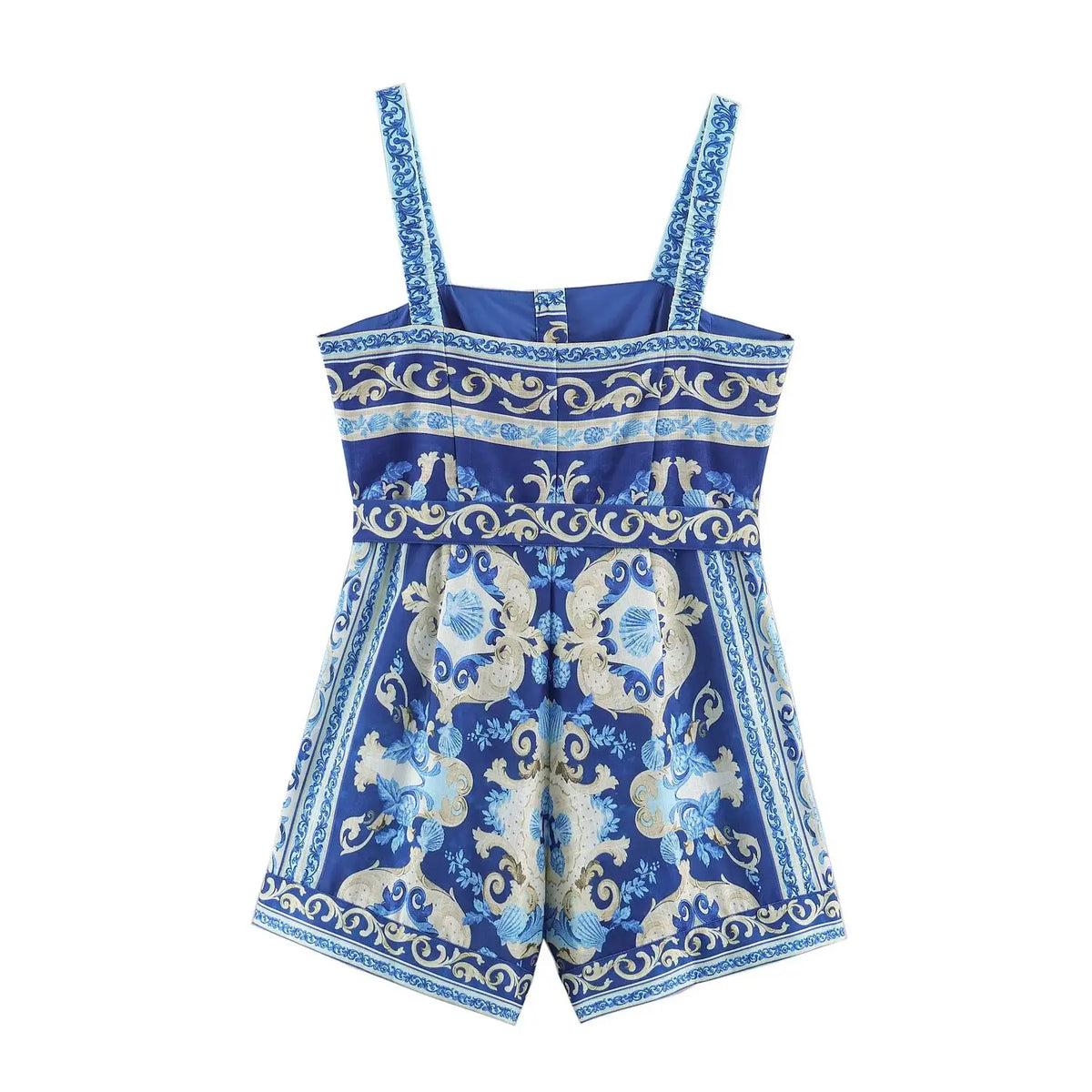 KONDALA Chic Woman Sexy Print Bodysuit Sleeveless Holiday Cami Bodysuit Vintage Blue Fashion 2026 Sheath Holiday Short Jumpsuits