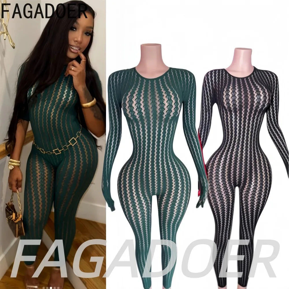 FAGADOER Women Sexy Mesh Lace Jumpsuits Fashion Long Sleeves Round Neck Vertical Striped Sheer Bodycon Rompers Summer Playsuits