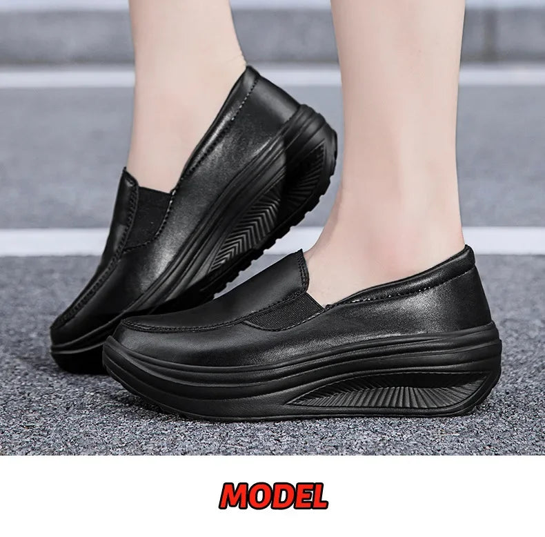 EOFK Women Moccasions Walking Shoes For Work Soft Wedges Platform Loafers Female Black Swing Slip On Casual Non Slip Female Shoe