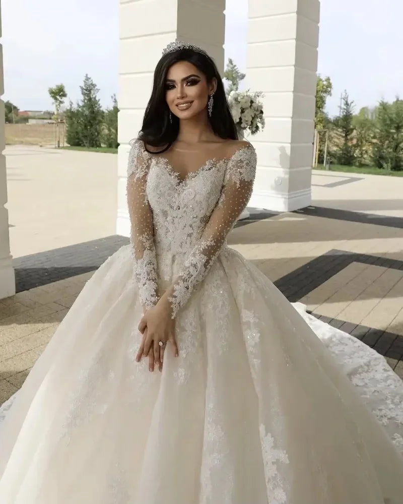 Customized Illusion Neck Wedding Dresses Long Sleeve Lace Bride Dress Ball Gown Women Vestidos de novia amanda novias oficial