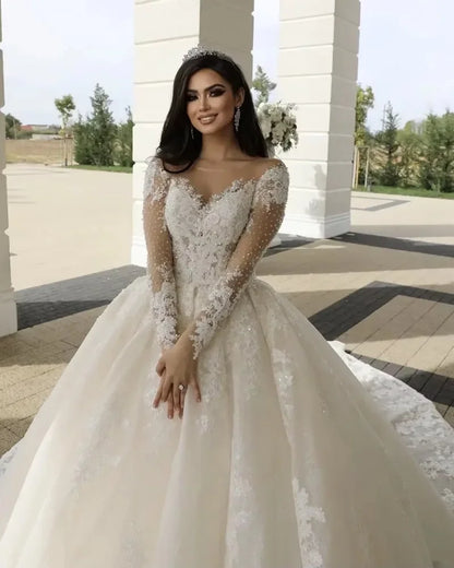 Customized Illusion Neck Wedding Dresses Long Sleeve Lace Bride Dress Ball Gown Women Vestidos de novia amanda novias oficial
