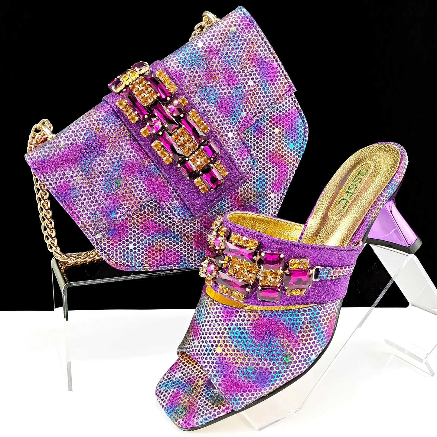 New Arrival Mature Style Colorful Rhinestone Metal Design Strange High Heel Style Peep Toe Shoes and Bag Set for Party Wedding