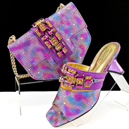 New Arrival Mature Style Colorful Rhinestone Metal Design Strange High Heel Style Peep Toe Shoes and Bag Set for Party Wedding