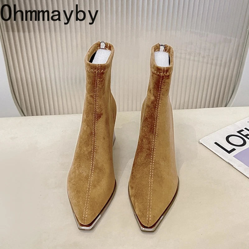 Winter Women Thick Heel Ankle Boots Fashion Pointed Toe Mordern Short Booties Street Style Party Stripper Female Shoes