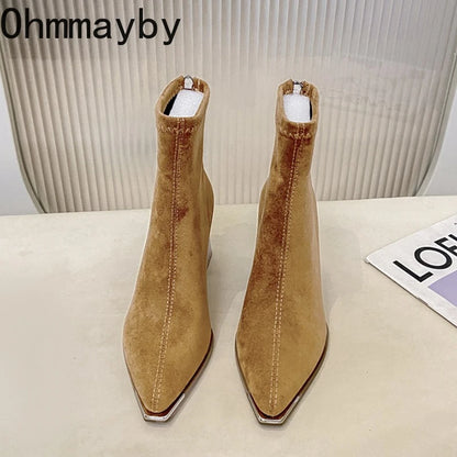 Winter Women Thick Heel Ankle Boots Fashion Pointed Toe Mordern Short Booties Street Style Party Stripper Female Shoes